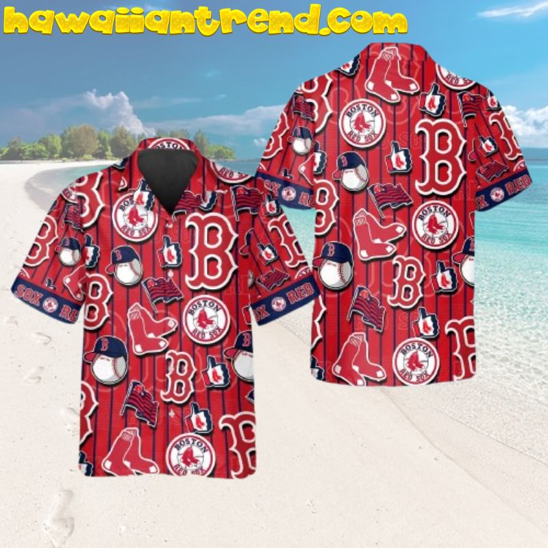 Boston Red Sox Pinstripe Logo Collage Like Cool Ball Aloha Hawaiian Shirt