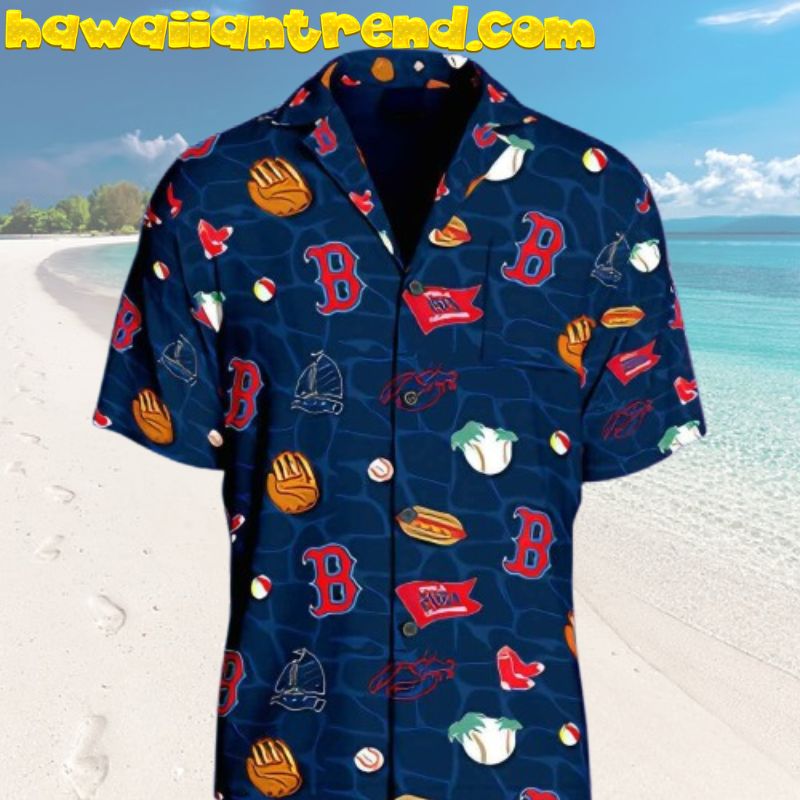 Boston Red Sox Simple Pattern Navy Theme Wave Hawaiian Shirt