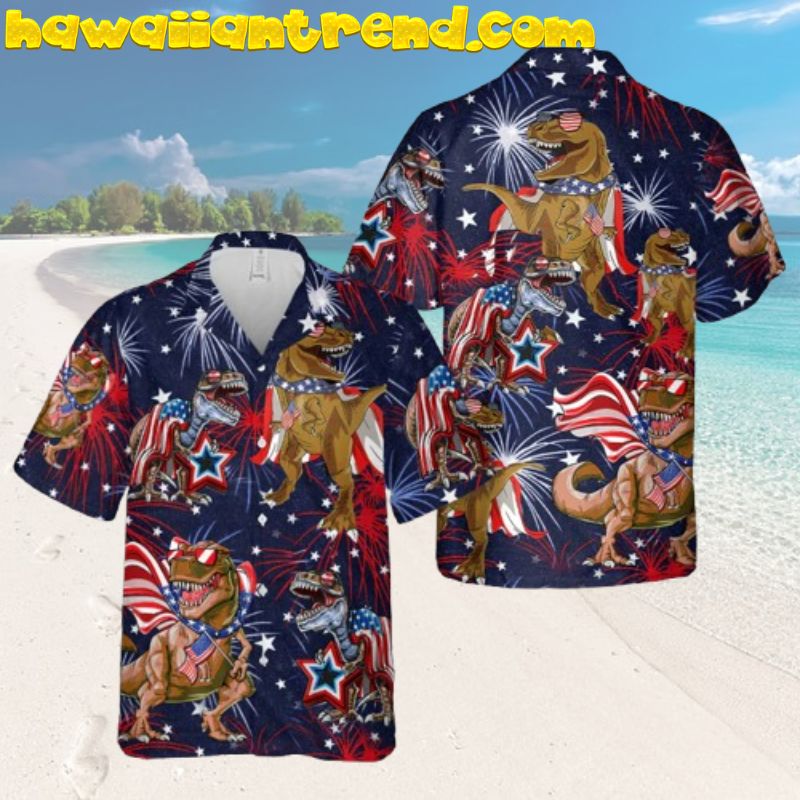 T-rex Celabrate 4th Of July Firework Night Patriotic Hawaiian Shirt