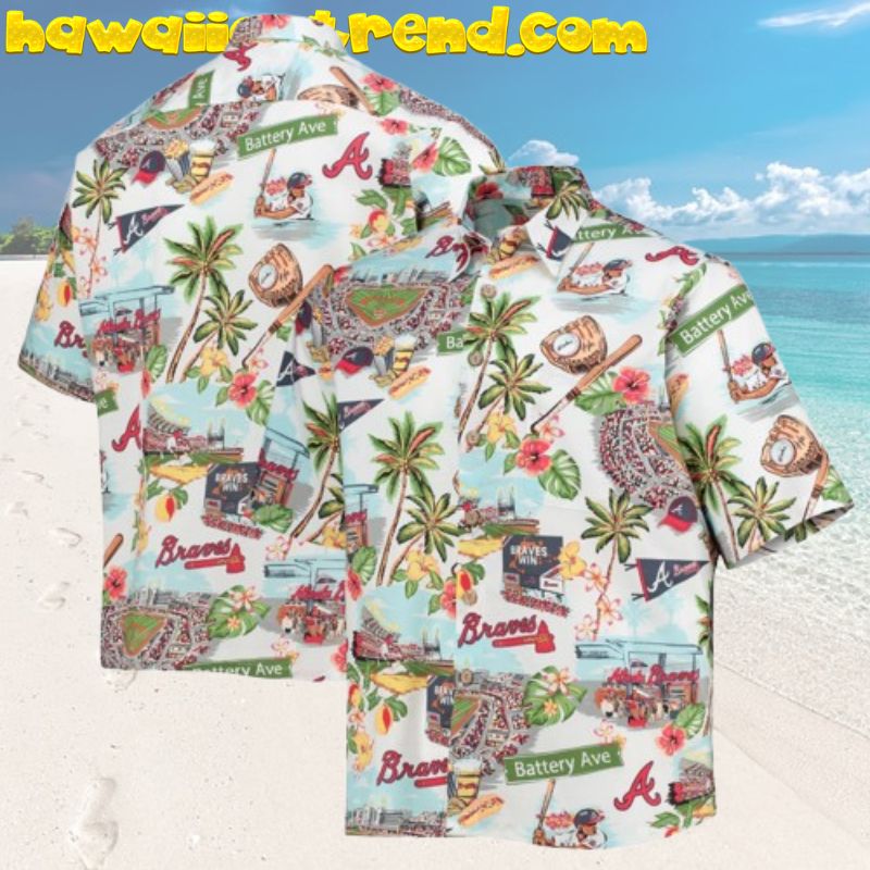 White Atlanta Braves Scenic Time Tropical Design Aloha Hawaiian Shirt