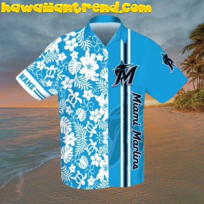Custome Name White Floral Stripe Blue Theme Miami Marlins Aloha Hawaiian Shirt
