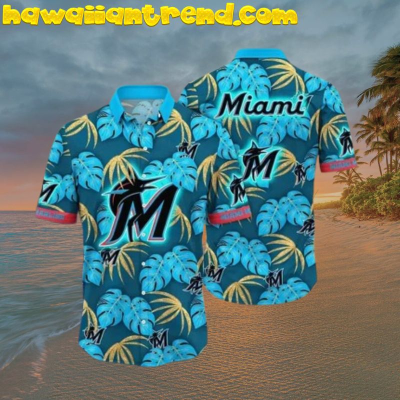 Miami Marlins Baseball Team Monstera Yellow Palm Leaf Blue Hawaiian Shirt