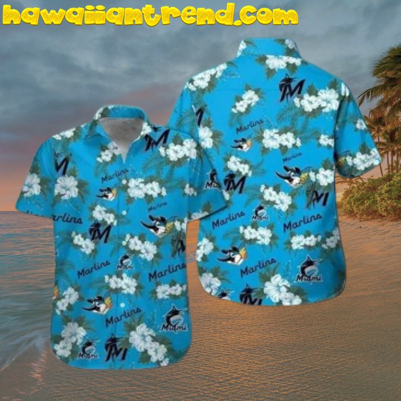 Miami Marlins Cute Logo White Hibiscus Hawaiian Shirt