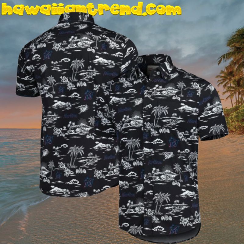 Miami Marlins Kekai Performance Black Theme Simple Pattern Aloha Hawaiian Shirt