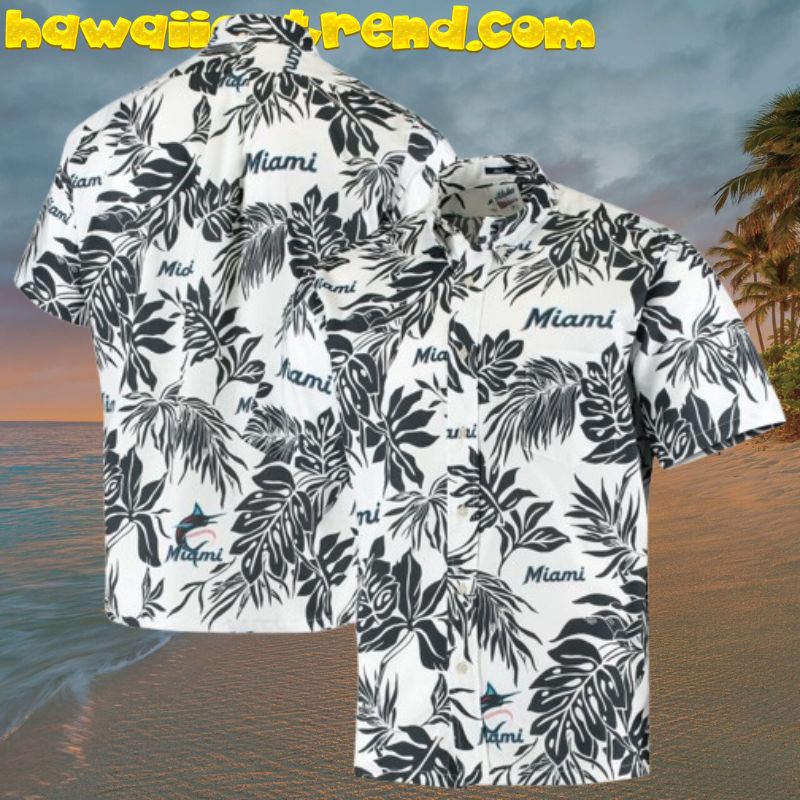 Miami Marlins MLB Black Tropical Leaves White Theme Aloha Hawaiian Shirt