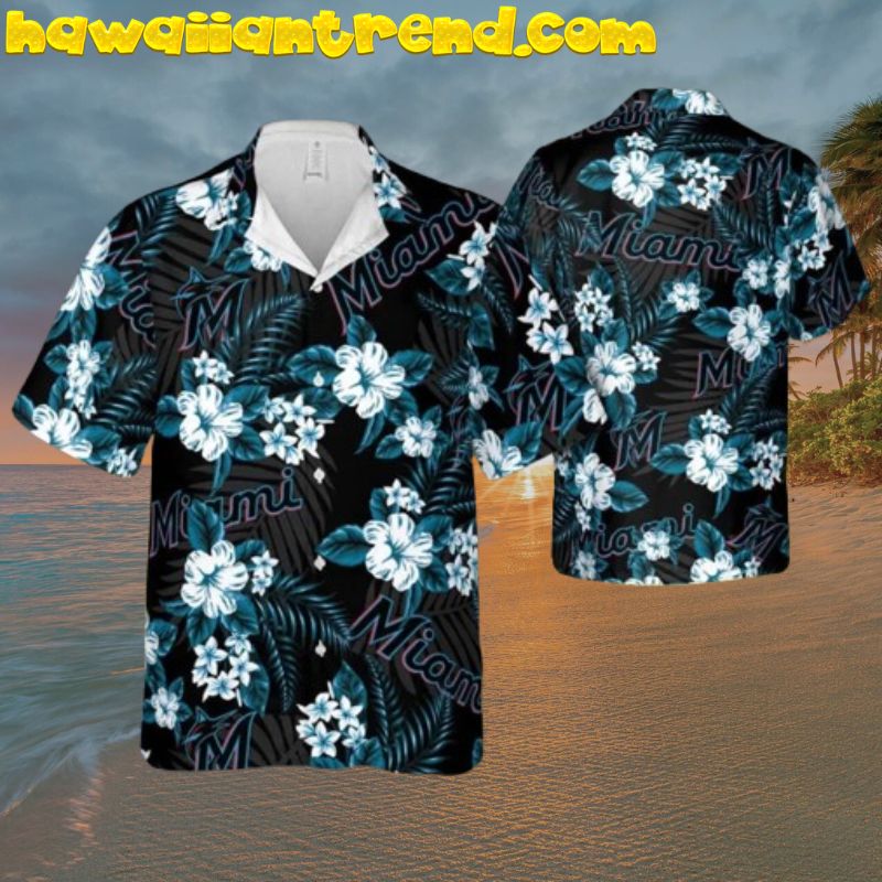 Miami Marlins Tropical Pattern Floral Black Theme Aloha Hawaiian Shirt