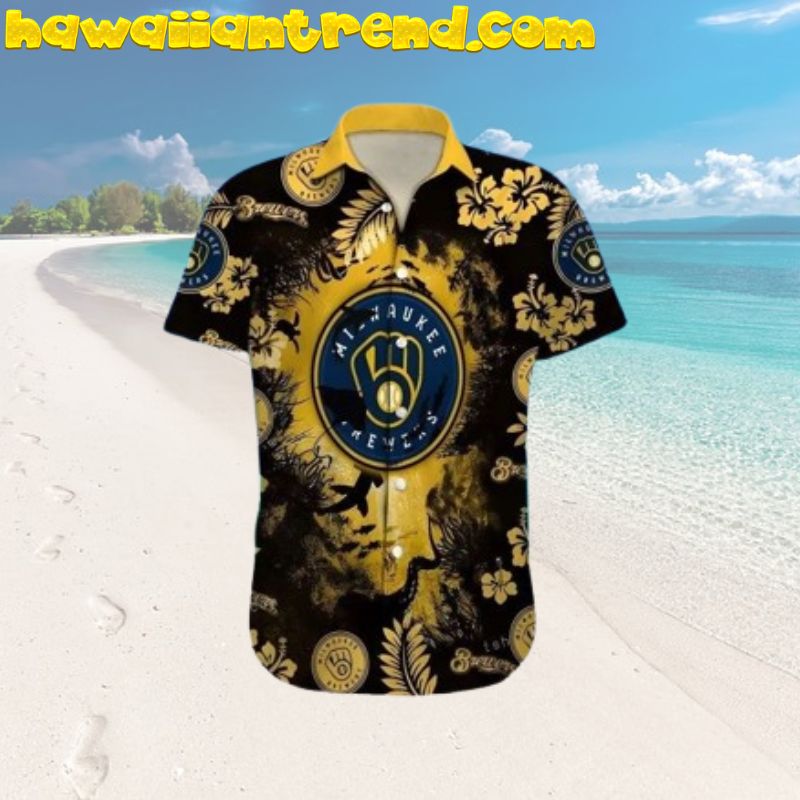 Milwaukee Brewers Big Logo Hibiscus Floral Deep Sea MLB Team Aloha Hawaiian Shirt
