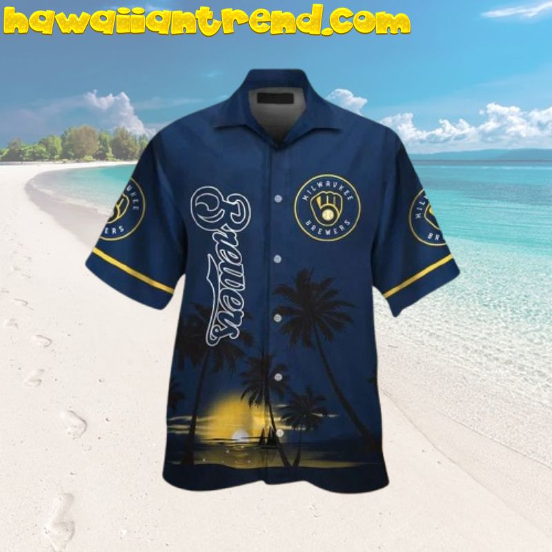 Milwaukee Brewers Blue Tropical Island Sunset Palm Tree Aloha Hawaiian Shirt
