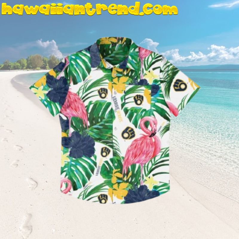 Milwaukee Brewers Flamingo Monstera Leaves Green Tropical Vibes Aloha Hawaiian Shirt