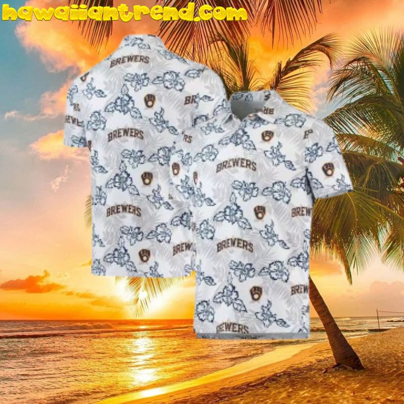 Milwaukee Brewers Hibiscus Floral Palm Leaves White Theme Aloha Hawaiian Shirt