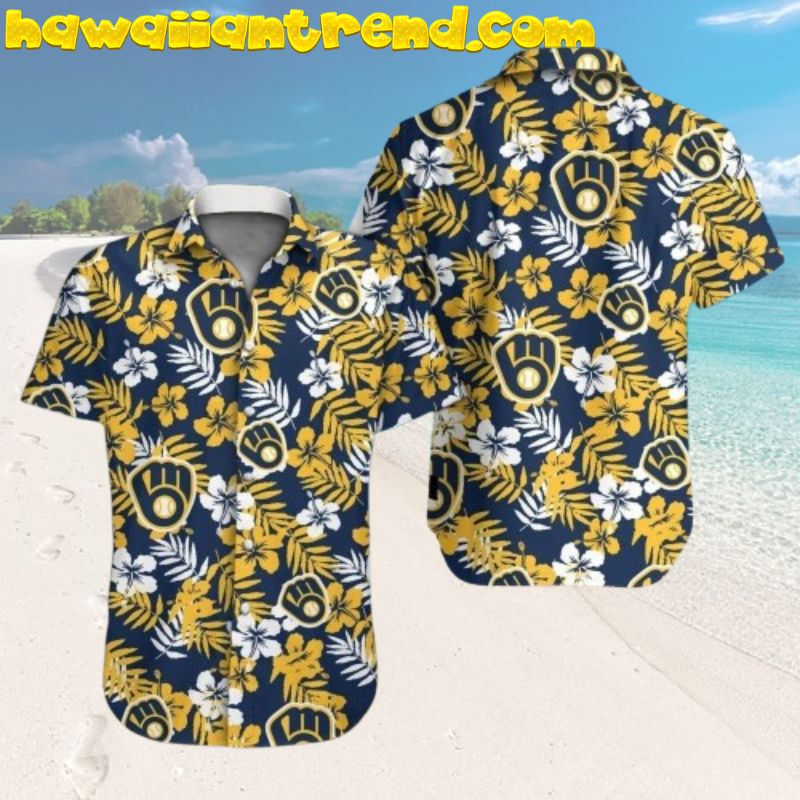 Milwaukee Brewers Hibiscus Floral Yellow And Palm Leaves Tropical Hawaiian Shirt
