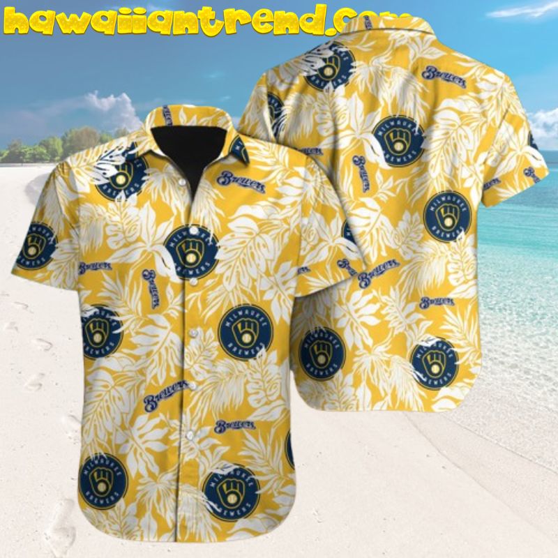Milwaukee Brewers Logo Seamless Monstera Leaves Yellow Theme Hawaiian Shirt
