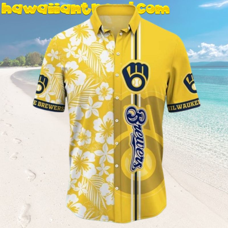 Milwaukee Brewers MLB Team White Hibiscus Floral Palm Leaves Stripe Aloha Hawaiian Shirt
