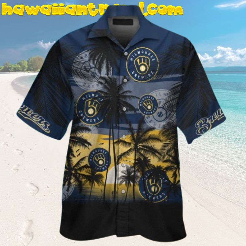 Milwaukee Brewers Palm Tree Sunset Big Logo Summer Beach Aloha Hawaiian Shirt
