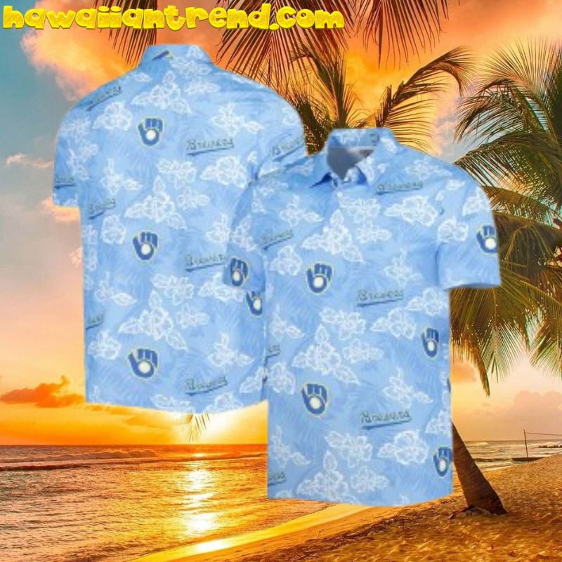 Milwaukee Brewers Simple Pattern Hibiscus Floral Blue Theme Aloha Hawaiian Shirt
