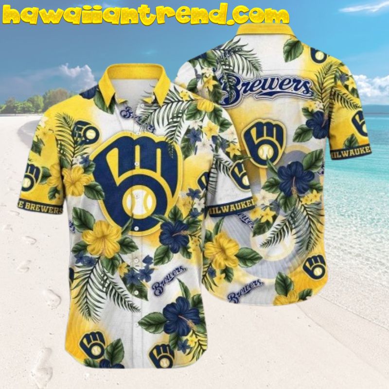 Milwaukee Brewers Stylish MLB Team Hibiscus Floral Giant Center Logo Aloha Hawaiian Shirt For Real Fans