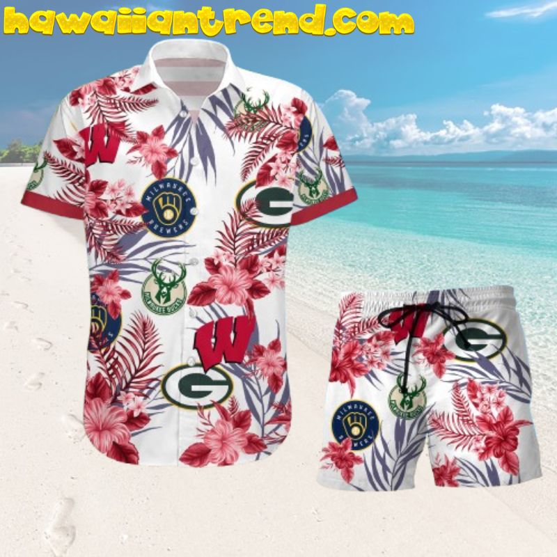 Milwaukee Brewers Tropical Summer Hibiscus Floral And Leaves Hawaiian Shirt And Shorts