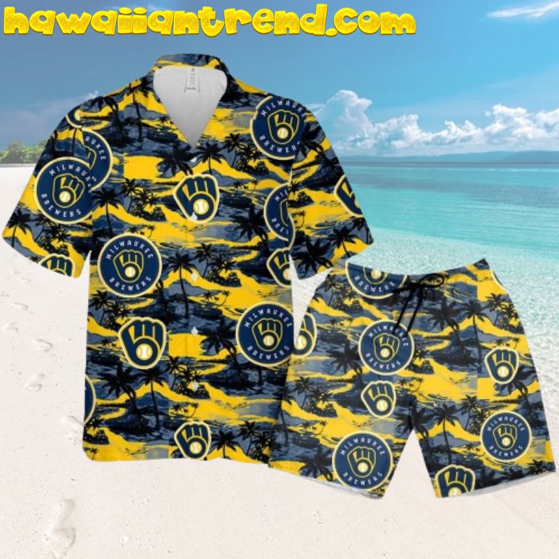 Milwaukee Brewers Vintage 80’s Sunset Palm Island Aloha Hawaiian Shirt And Shorts