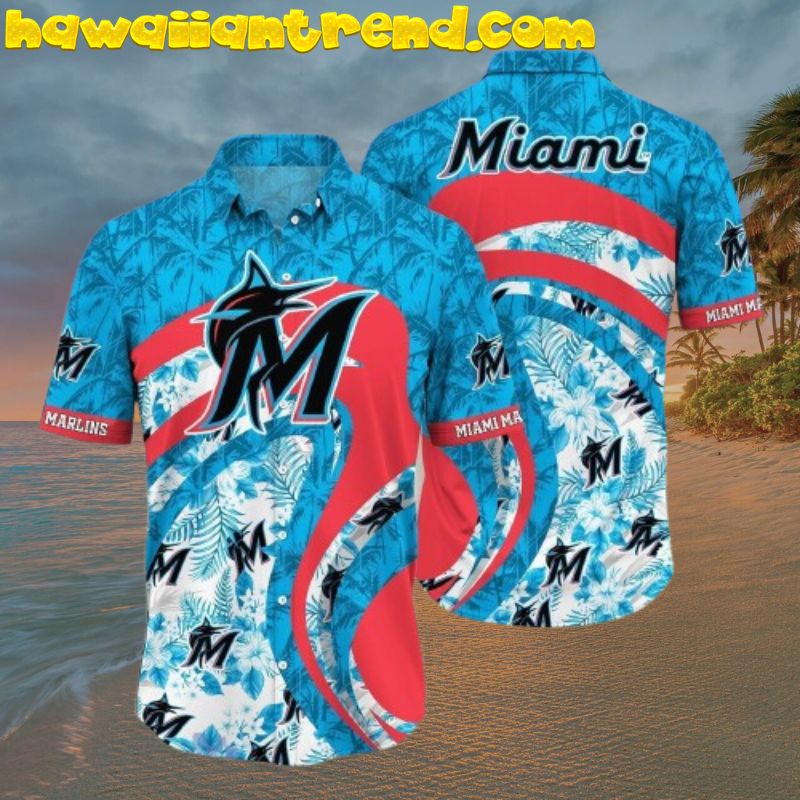 MLB Miami Marlins Summer Beach Island Red Wave Pattern Hawaiian Shirt