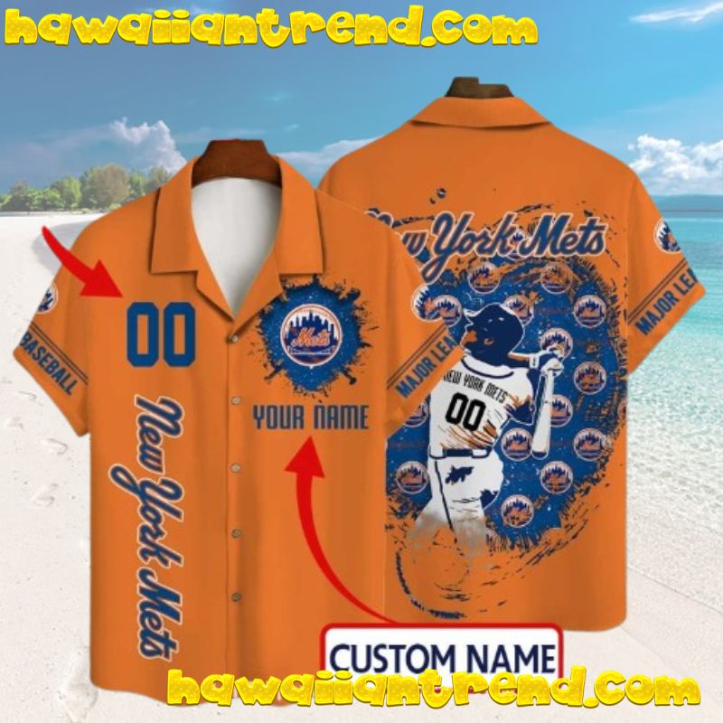 Custom Name And Number New York Mets Cool Time Orange Hawaiian Shirt