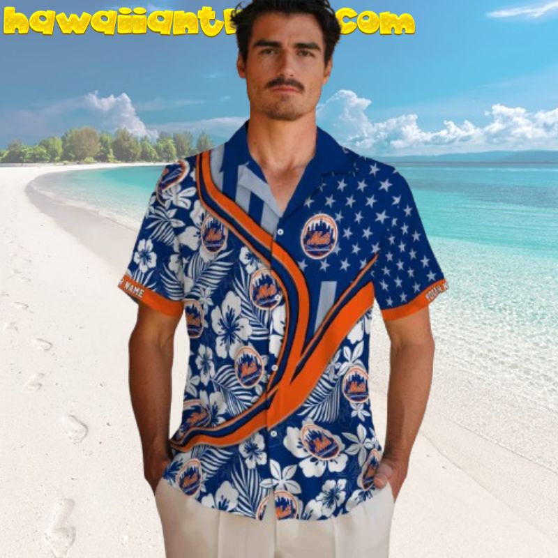 Custom Name New York Mets Hibiscus Floral USA Flag Mlb Hawaiian Shirt