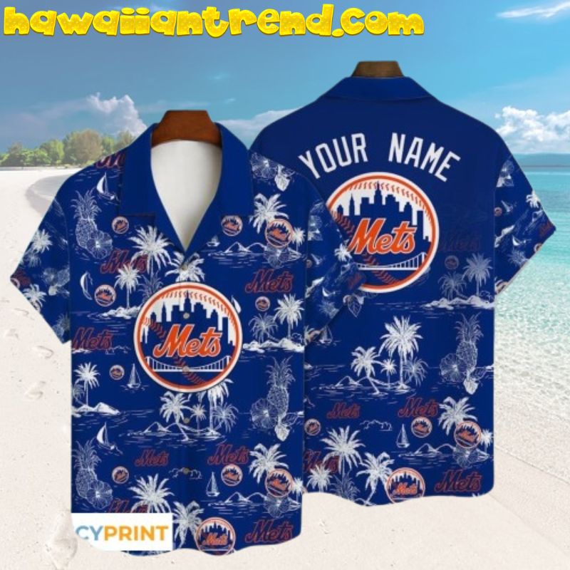 Custom Name New York Mets Tropical Island Blue Theme Hawaiian Shirt