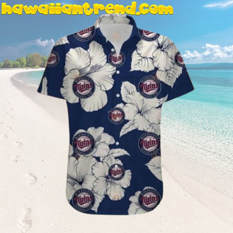 Minnesota Twins Classic White Hibiscus Blue Theme Aloha Shirt