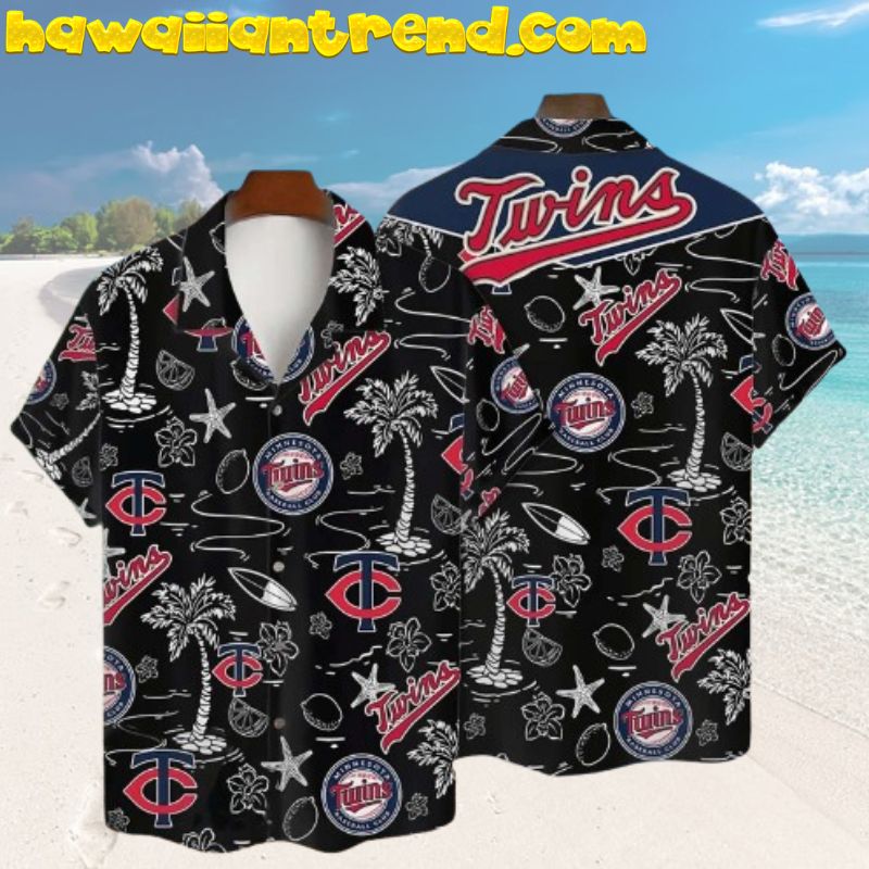 Minnesota Twins Tropical Palm Island Seastar MLB Black Theme Hawaiian Shirt