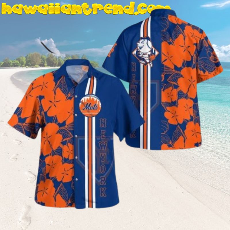 MLB New York Mets Tropical Floral Hibiscus Orange Aloha Hawaiian Shirt