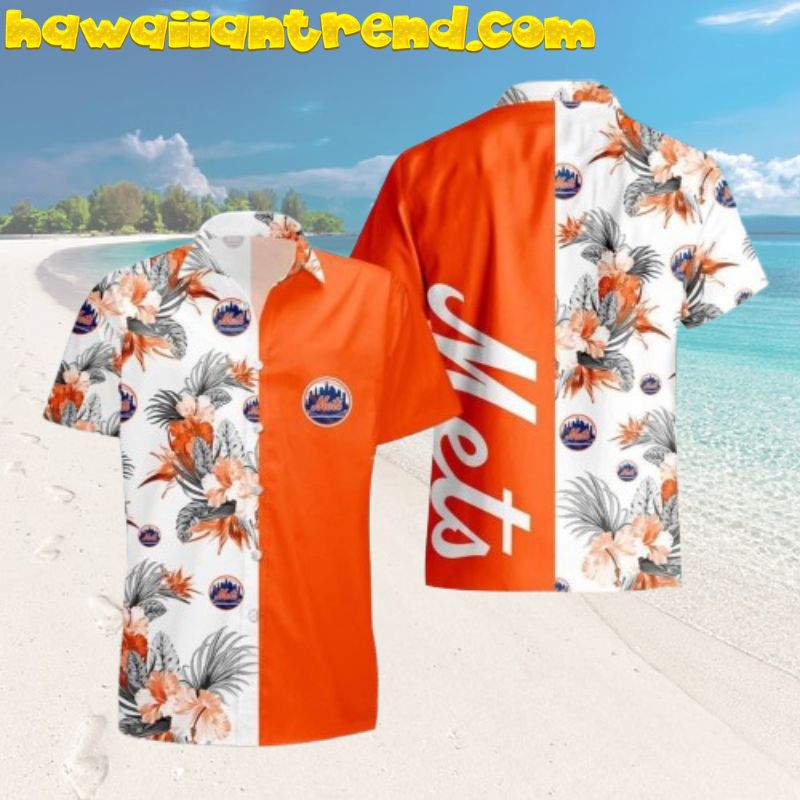 New York Mets Logo Mlb Team Tropical Floral Simple Design Orange Hawaiian Shirt