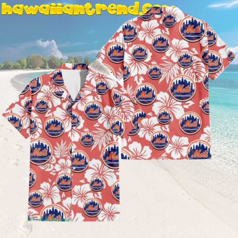 New York Mets Logo Seamless Pattern Floral 3D Hibiscus White Aloha Hawaiian Shirt