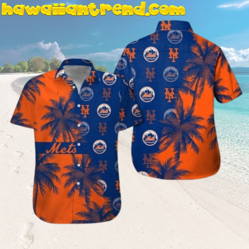 New York Mets Logo Tropical Coconut Island Short Sleeve Button Up Hawaiian Shirt