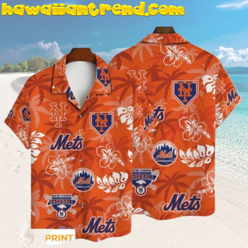 New York Mets Major League Baseball Tropical Floral Orange Theme Hawaiian Shirt