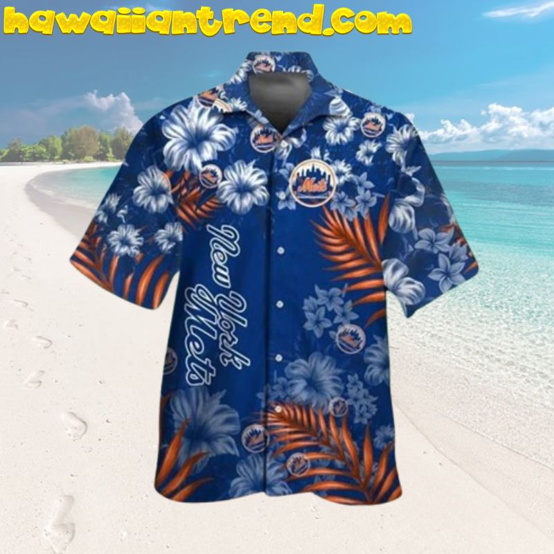 New York Mets Summer Vacation Tropical Palm Leaves Hibiscus Design Hawaiian Shirt