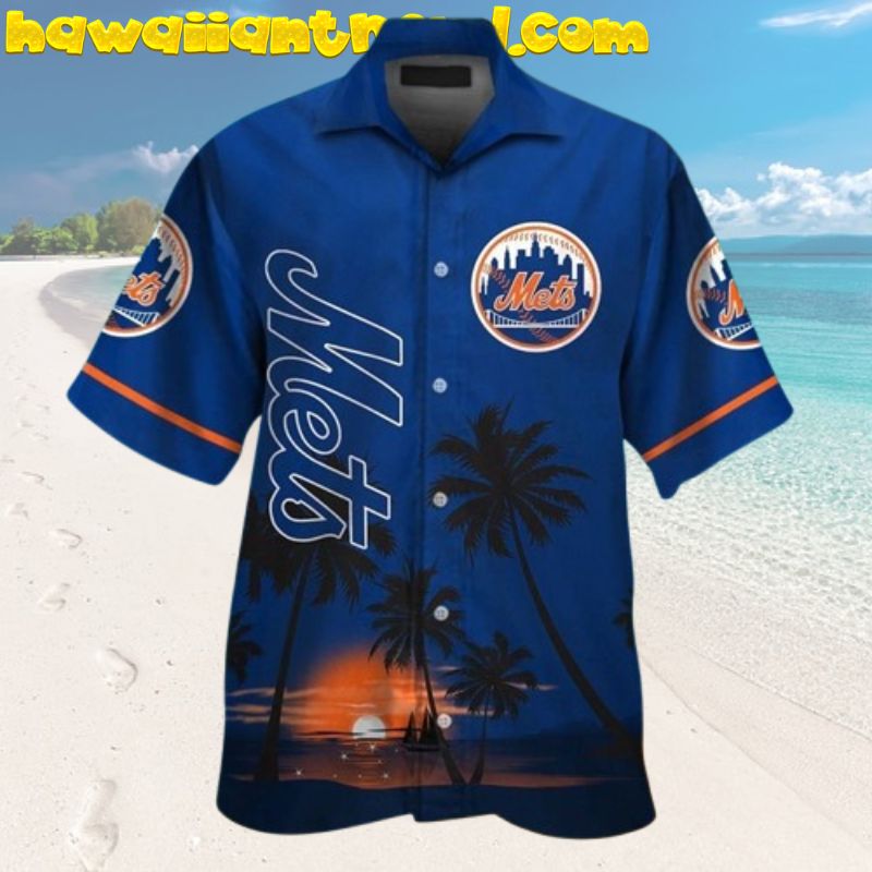 New York Mets Sunset On The Beach Button Up Tropical Hawaiian Shirt