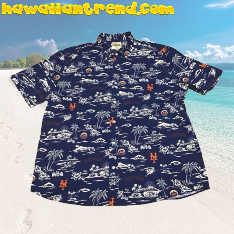 New York Mets Tropical Floral Toucan and Parrot Button Up Hawaiian Shirt