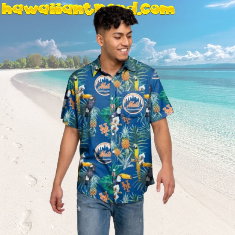 New York Mets Tropical Floral Toucan and Parrot Button Up Hawaiian Shirt