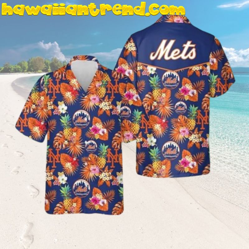 New York Mets Tropical Leaf Floral Pineapple Summer Time Hawaiian Shirt