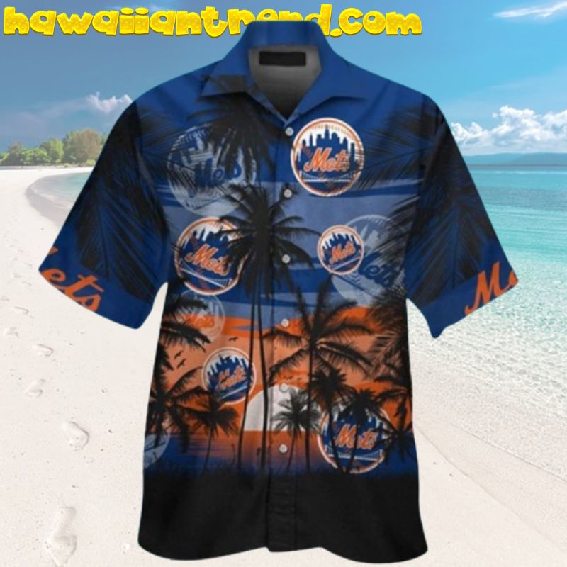 New York Mets Tropical Summer Beach Sunset On Palm Island Aloha Hawaiian Shirt