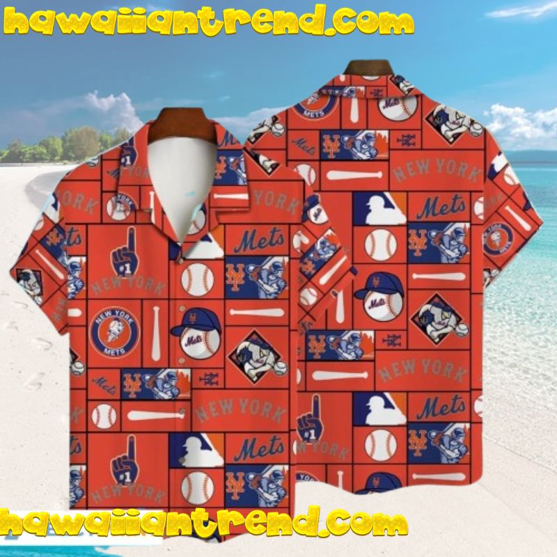 New York Mets Vintage Design Square Iconic Pattern Aloha Hawaiian Shirt