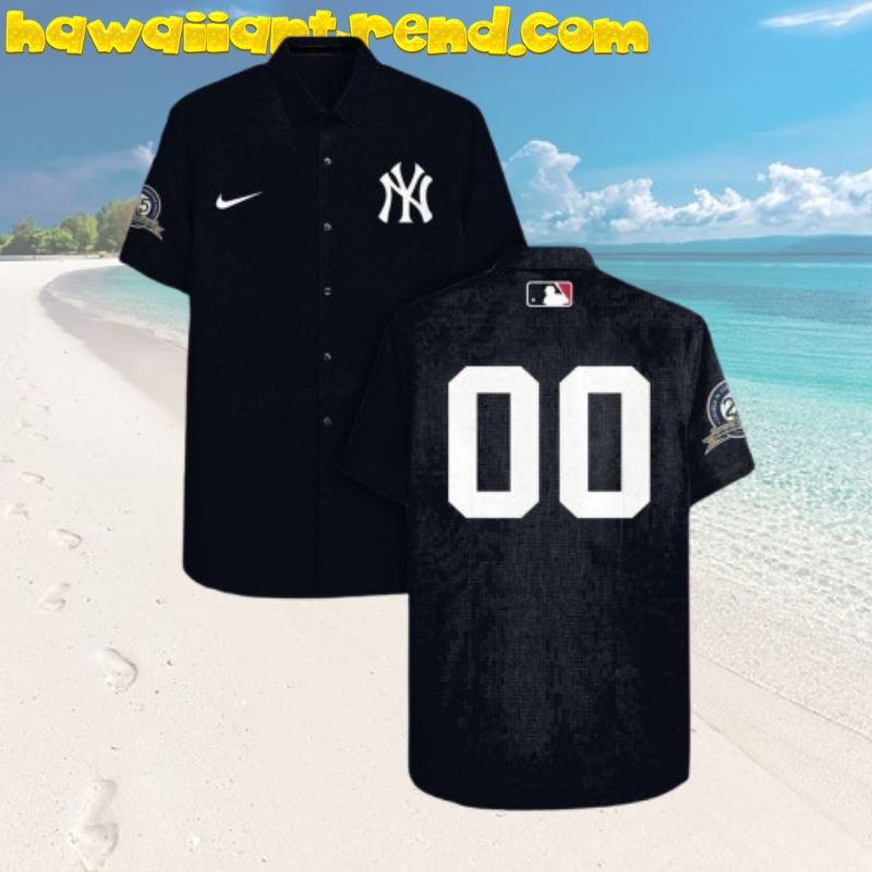 Custom Name New York Yankees Full Printing Simple Design Logo Black Theme Hawaiian Shirt