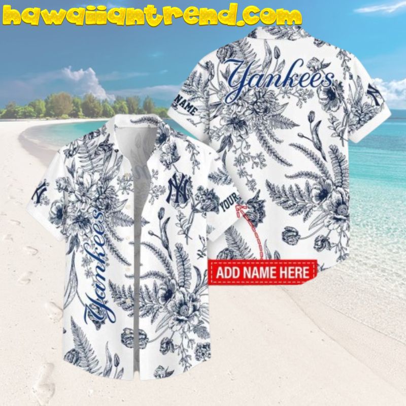 Custom Name New York Yankees Morden Pattern Leaf Flower Summer Hawaiian Shirt