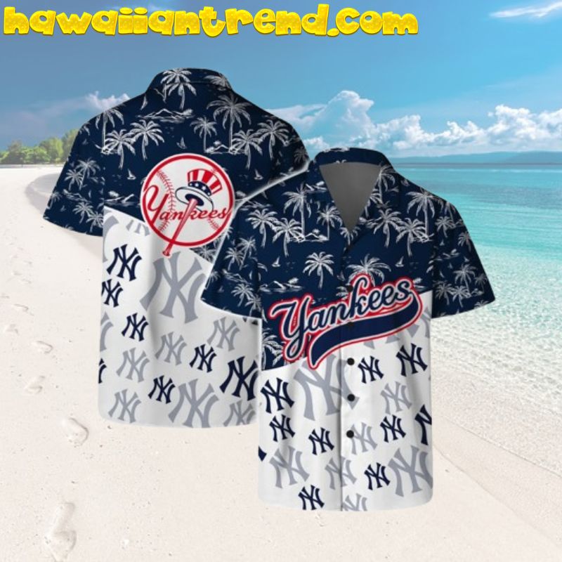 New York Yankees Coastal Logo Half Palm Trees Hawaiian Shirt