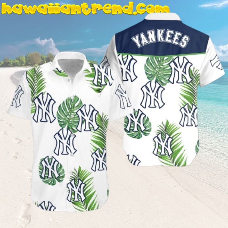 New York Yankees Mlb Team Monstera Palm Leaf Design White Theme Hawaiian Shirt