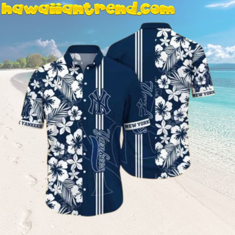 New York Yankees MLB White Hibiscus Floral Split Panel Design Hawaiian Shirt