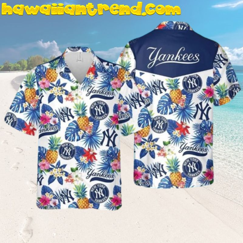 New York Yankees Tropical Leaves Hibiscus Pineapple Summer Beach Hawaiian Shirt