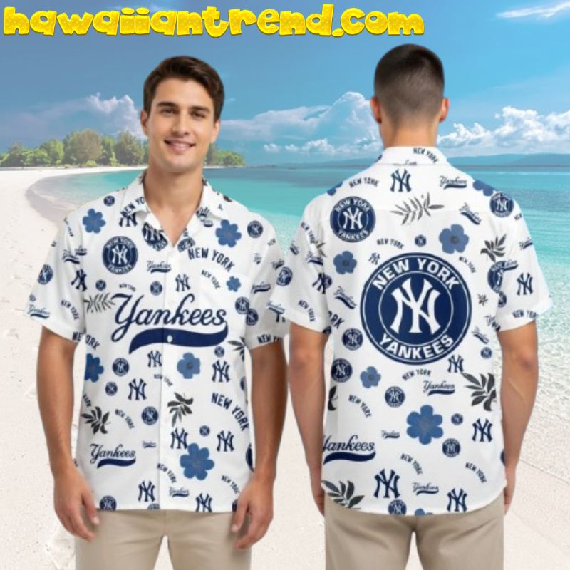 New York Yankees Tropical Pattern Simple White Theme Hawaiian Shirt