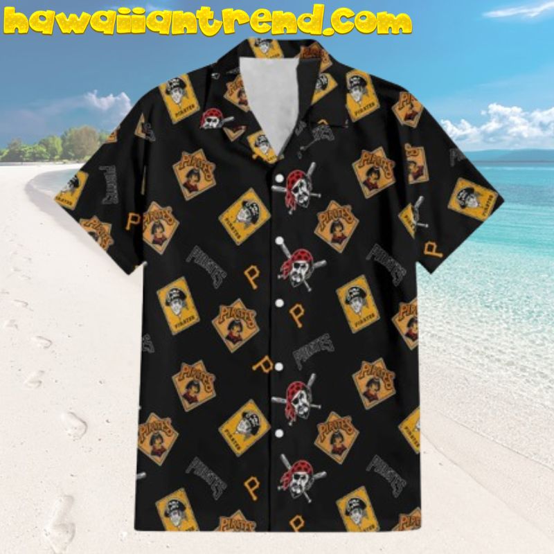 Pittsburgh Pirates Classic Logo Collage Simple Black Theme Hawaiian Shirt