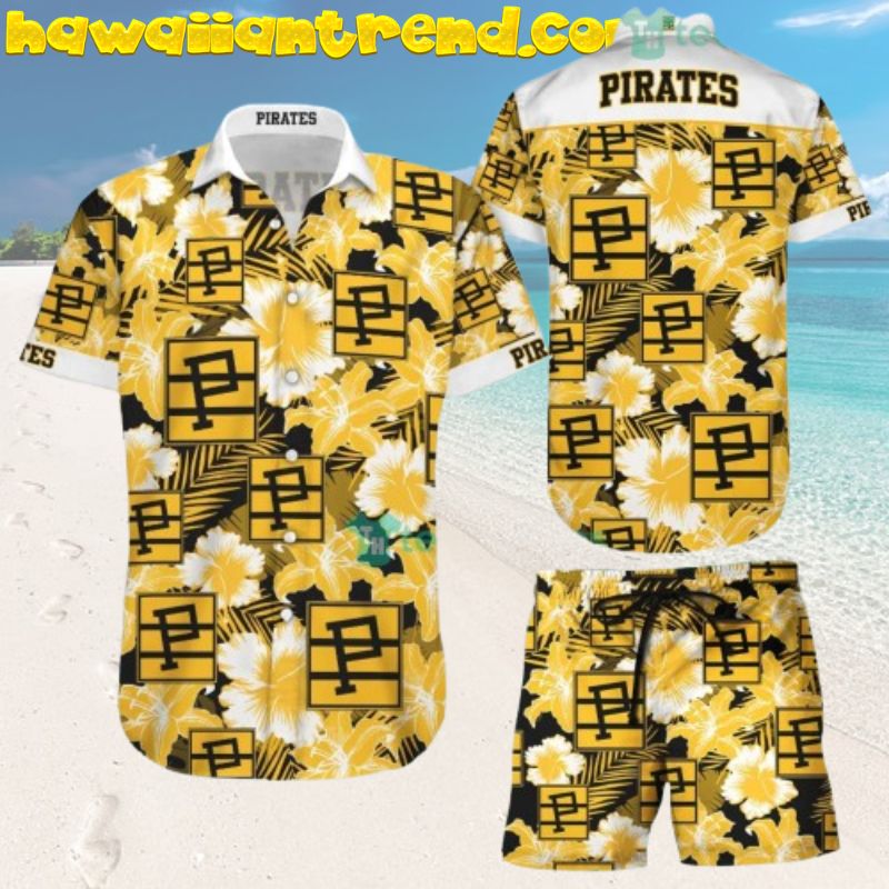 Pittsburgh Pirates Logo Stripe Yellow Hibiscus Theme Hawaiian Shirt And Short