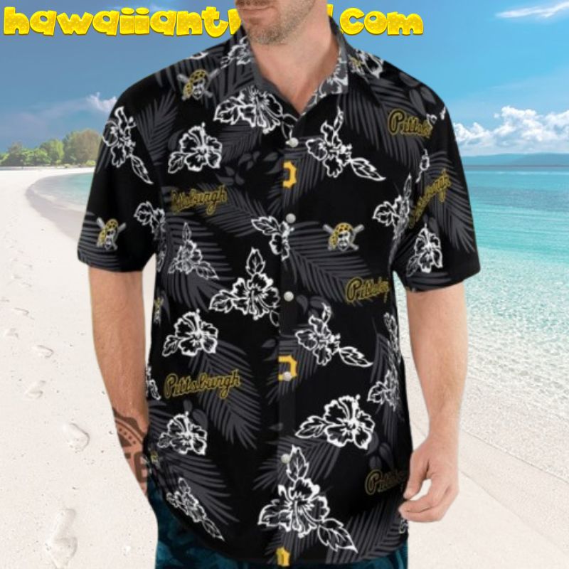 Pittsburgh Pirates Palm Leaves Hibiscus Black Theme Aloha Hawaiian Shirt